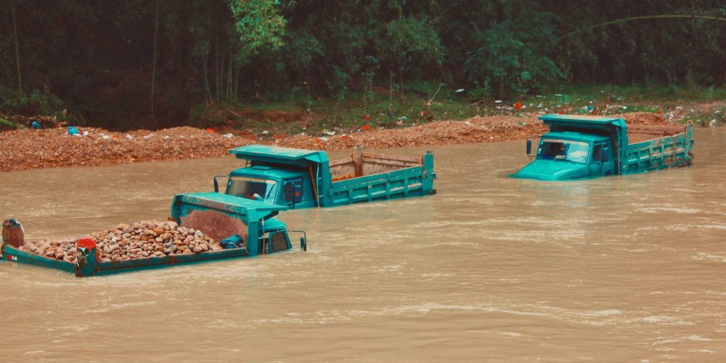 Shaoguan, Guangdong Province, China, Boat trip on a flooded river