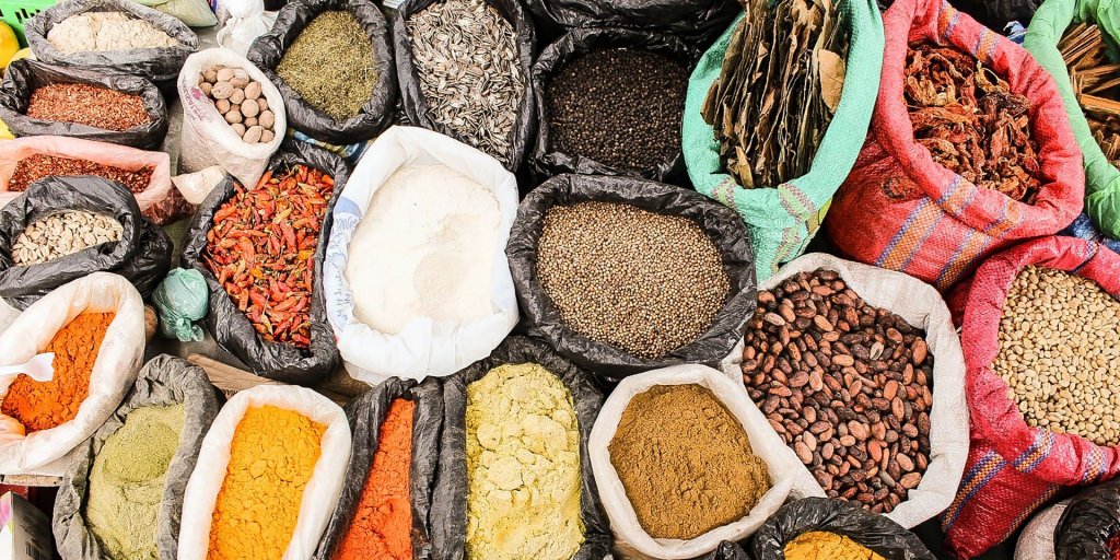 Spices in bags on a market, Otavalo, Ecuador