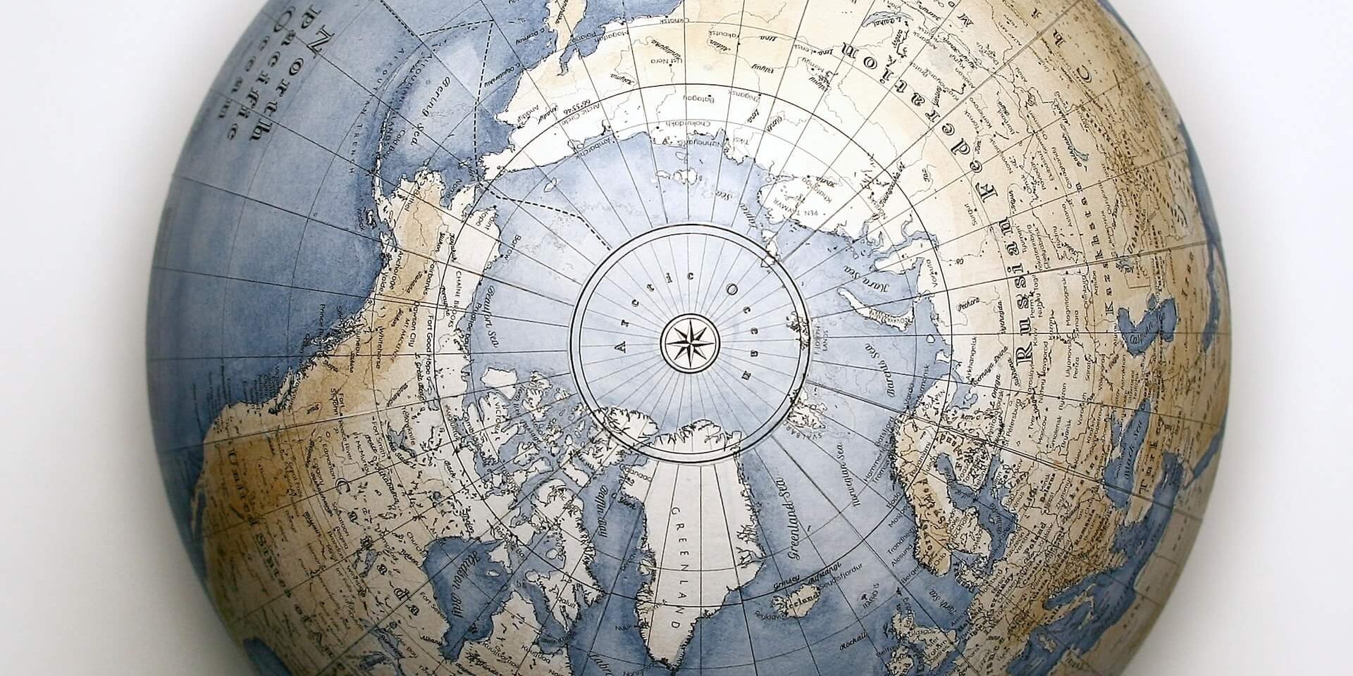 blue handmade globe view from north pole