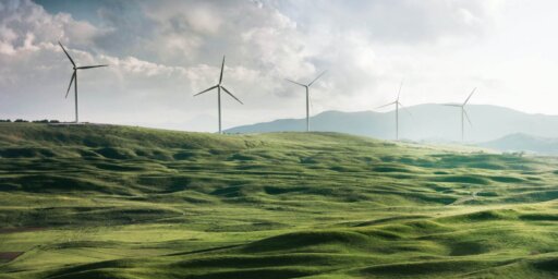 Un campo verde con turbinas eólicas en la distancia.