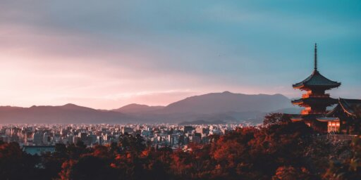 A landscape view of Kyoto city in Japan during sunset