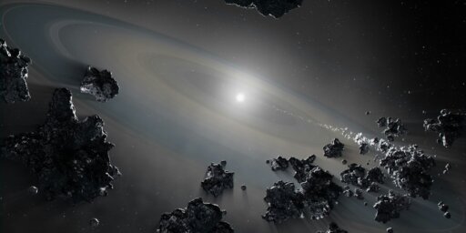 An illustration showing a white dwarf star siphoning off debris from shattered objects in a planetary system