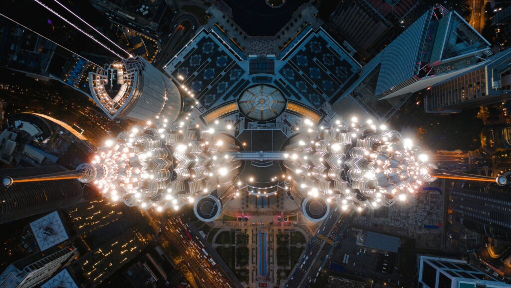 A view of the Petronas Towers in Kuala Lampur from above