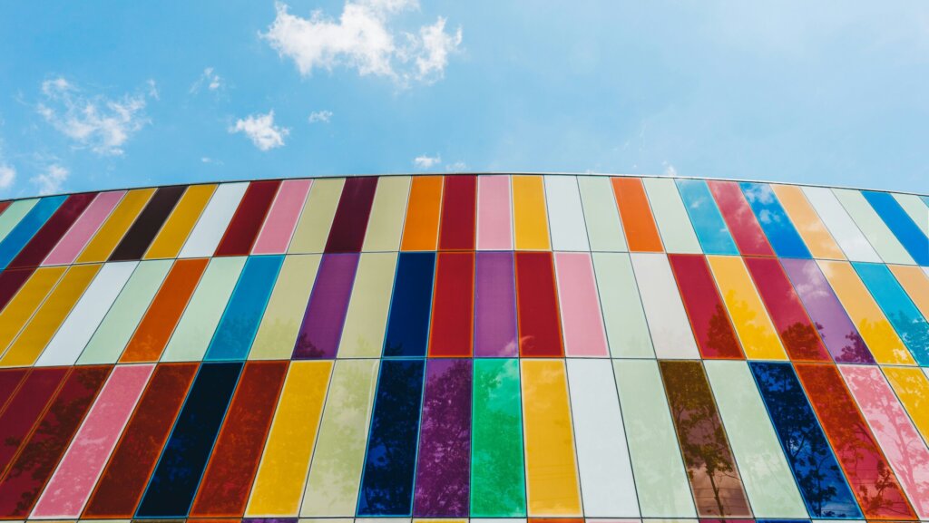 a view of the Waterloo Region Museum, Kitchener, Canada with colorful window design