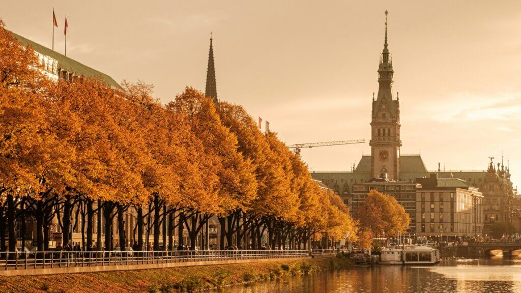 A view of Hamburg city hall from a distance with trees and river in the foreground