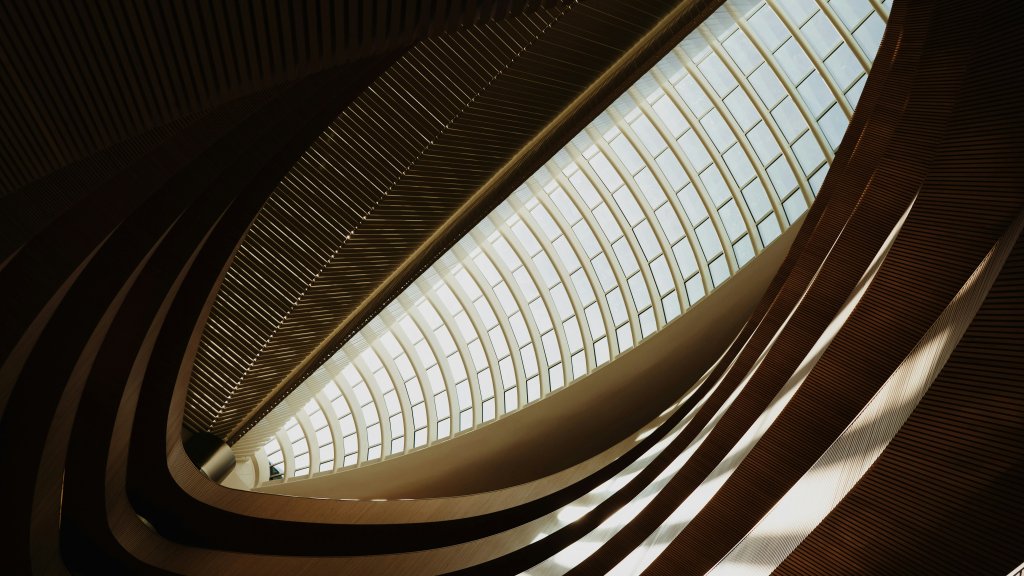 Inside of a building in Zurich, Switzerland with spiral architecture