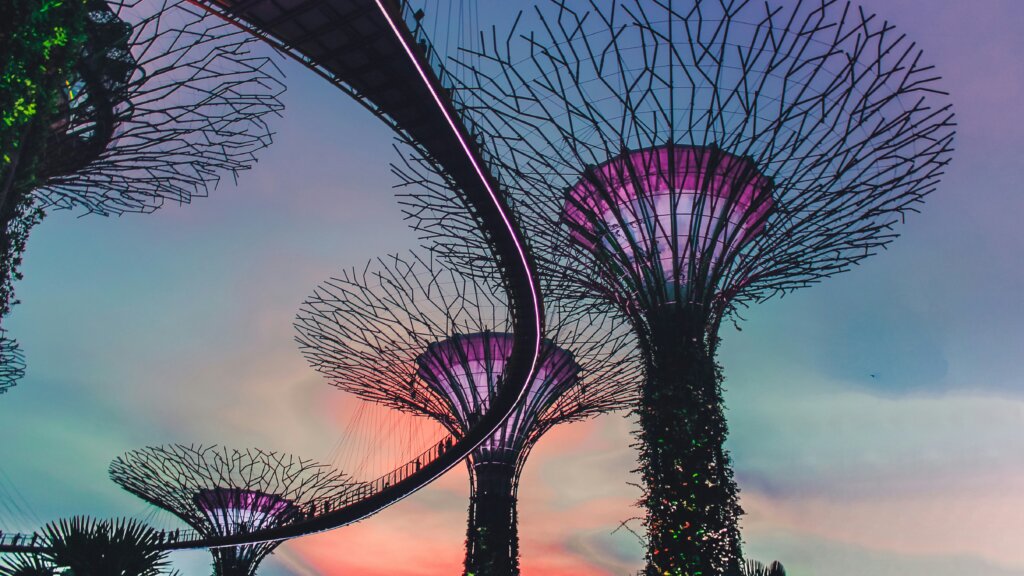 An image of artificial structures in gardens by the bay park in Singapore during sunset