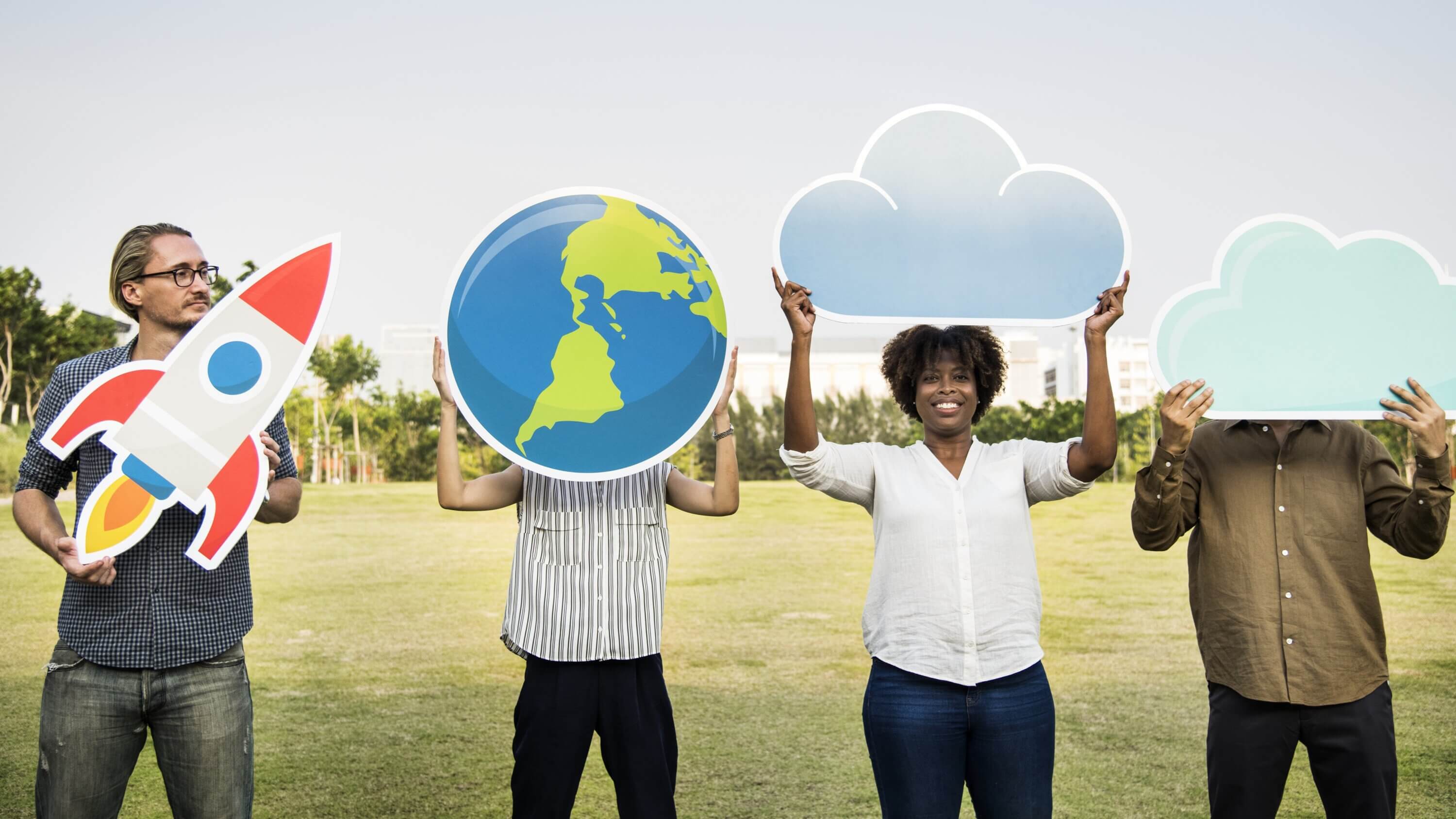 Friends holding a spaceship, earth and cloud icons