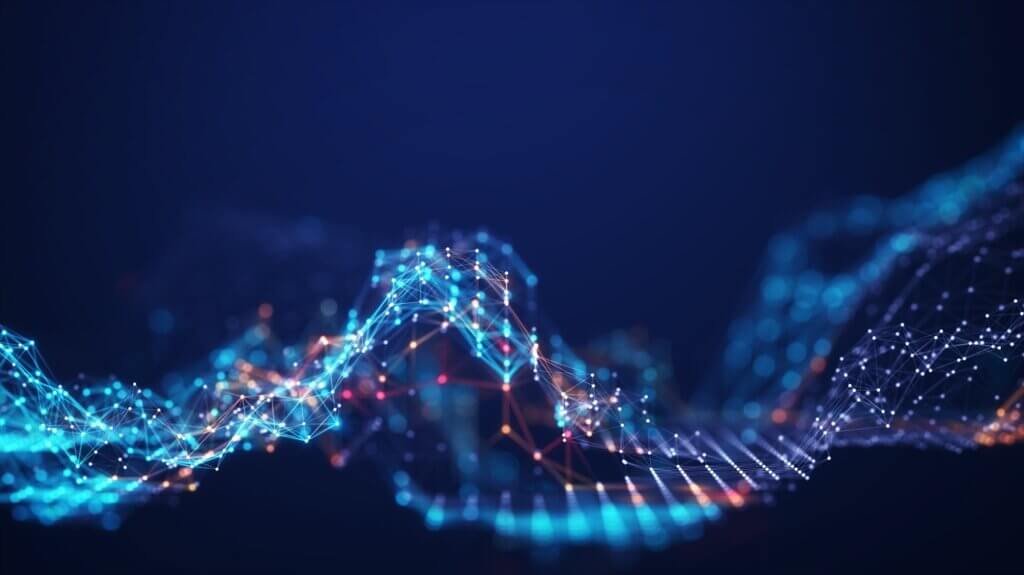 점과 선을 연결한 추상화. AI 기술 개념, 디지털 데이터 흐름의 움직임. 움직이는 선과 점을 활용한 통신 및 기술 네트워크 개념. 3D 렌더링