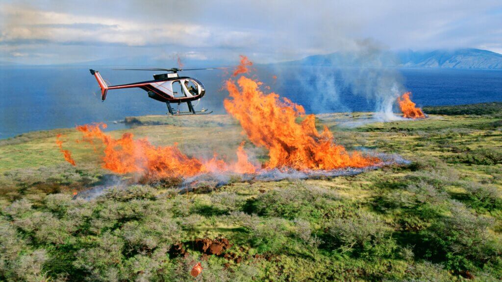 Ein Hubschrauber fliegt über Waldbrände auf einem Feld