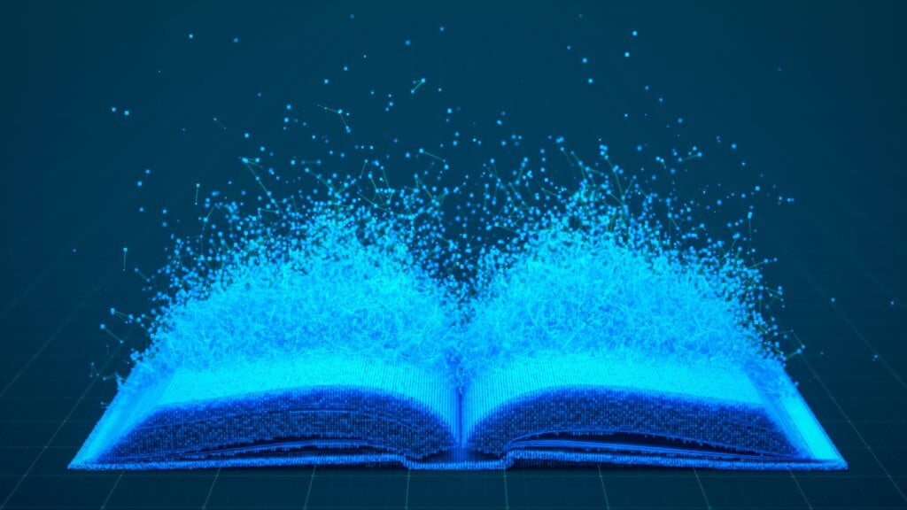 Ein offenes Buch löst sich vor dunklem Hintergrund in ein Netzwerk leuchtend blauer Partikel auf.